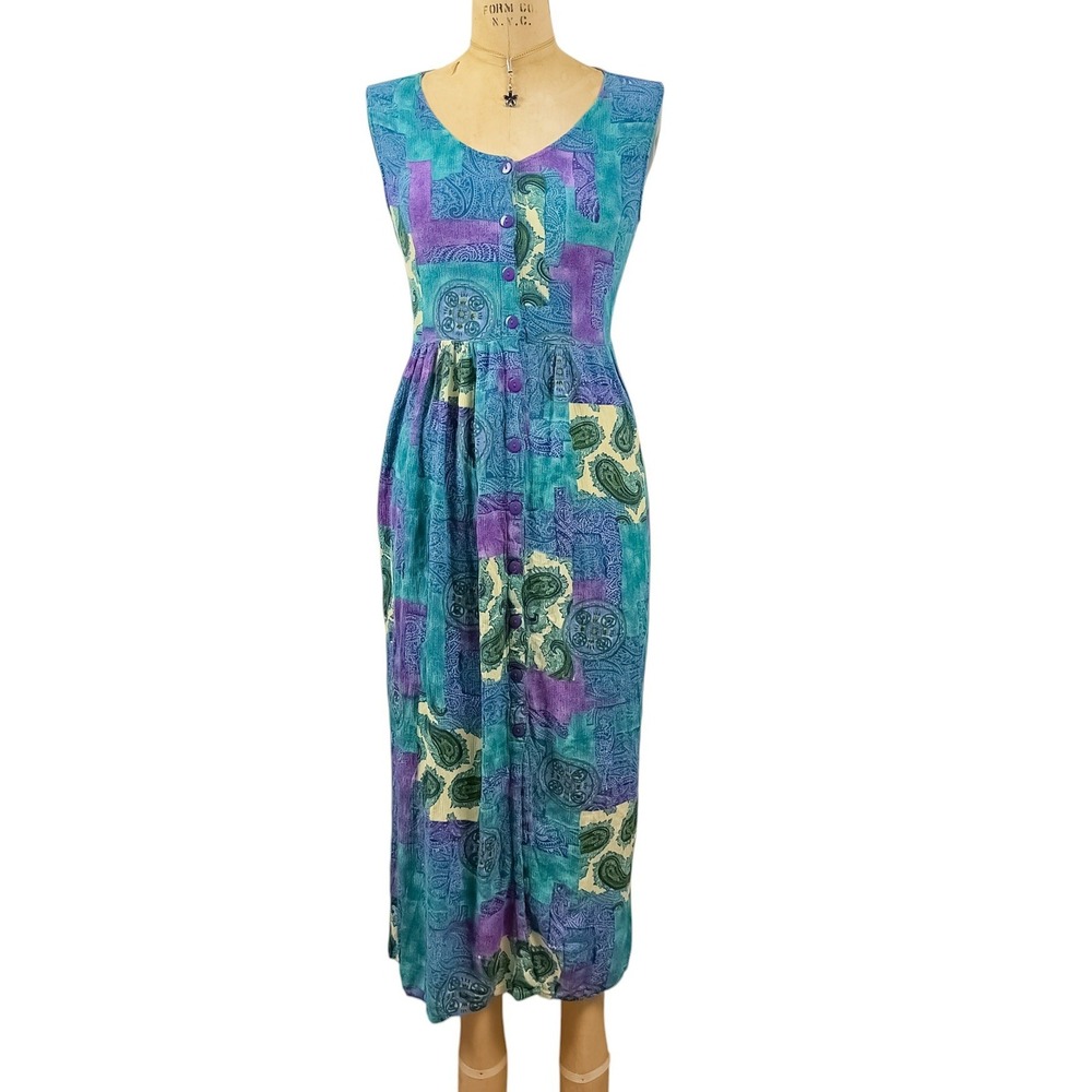 Bila 90s Vintage Paisley Patchwork Maxi Dress Rayon Button Front Boho Small